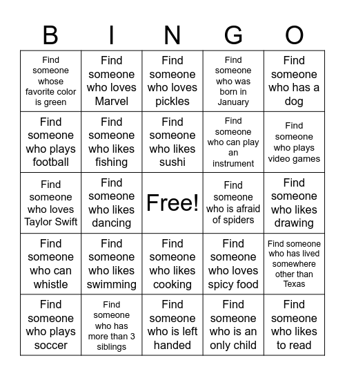 Get To Know You Bingo Sheet #1 Bingo Card