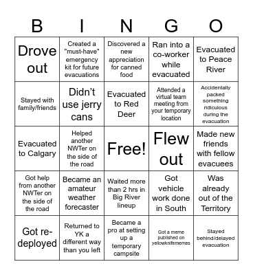 Evacuation Bingo Card