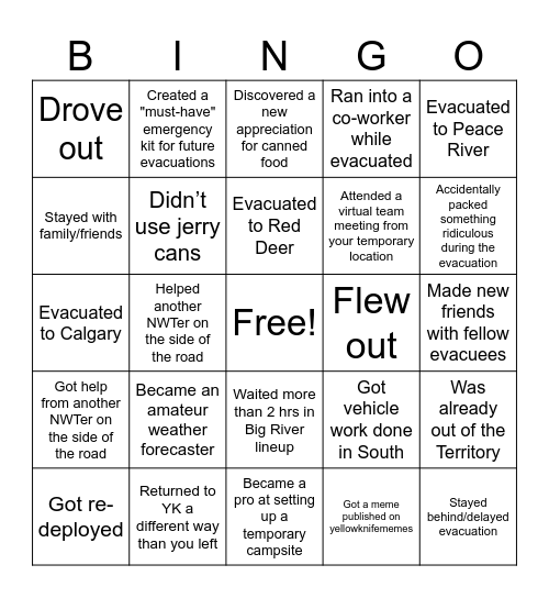 Evacuation Bingo Card