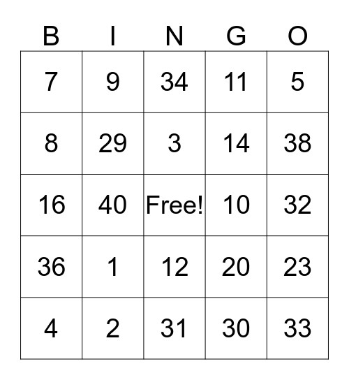 3A up to 40 Bingo Card