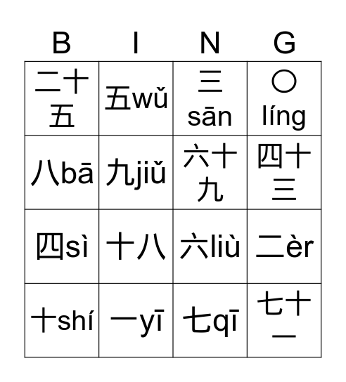 中文numbers Bingo Card