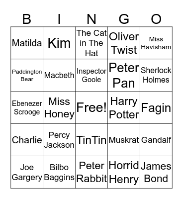 Literary Character Bing Bingo Card