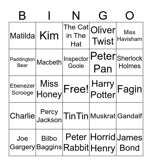 Literary Character Bing Bingo Card