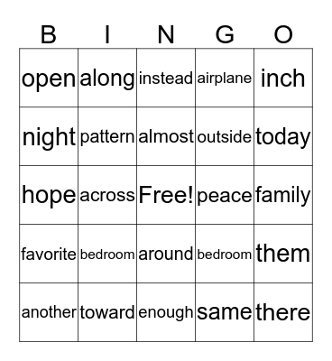 Vocabulary Bingo Card