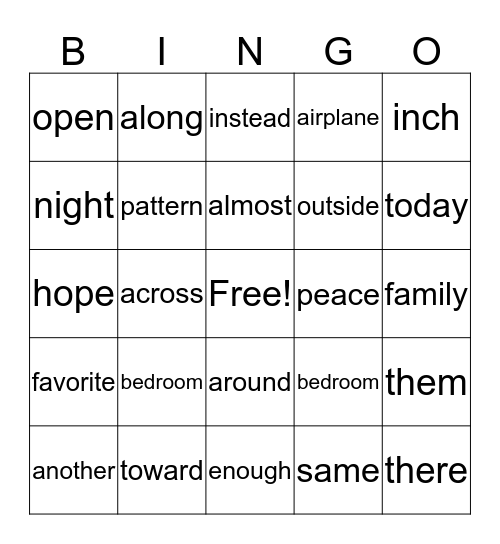 Vocabulary Bingo Card