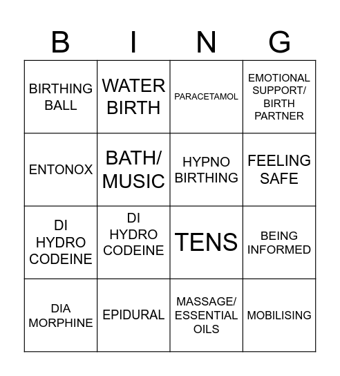 Pain Relief Bingo Card