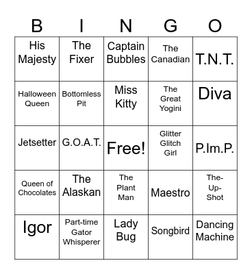 Nickname Bingo Card