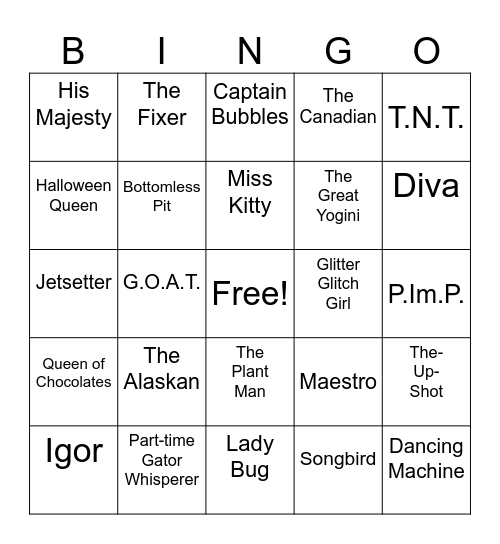 Nickname Bingo Card