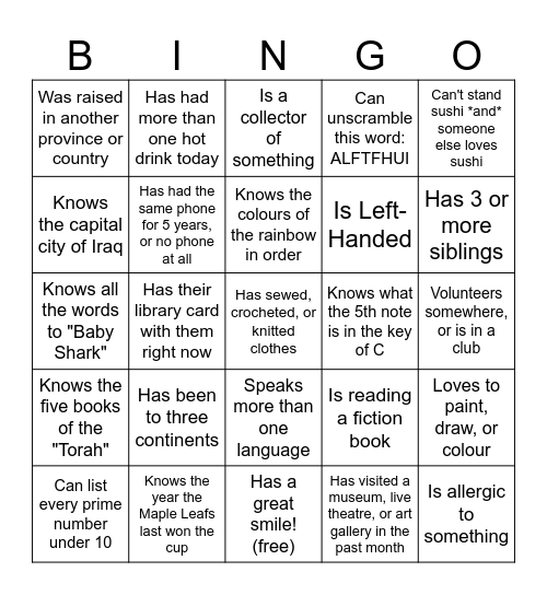 You get the box if someone at your table... Bingo Card