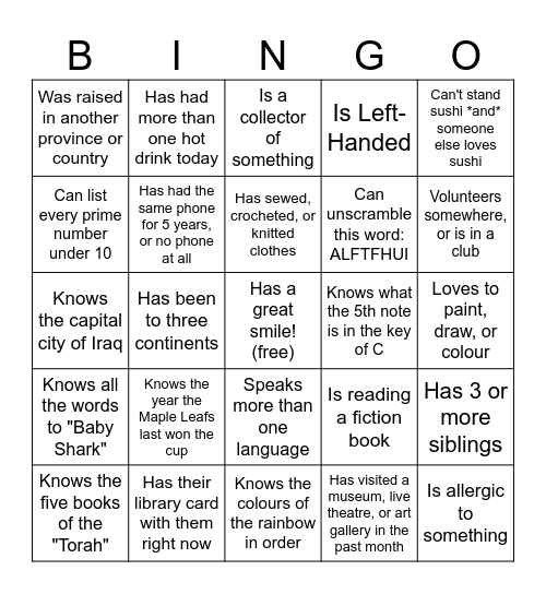 You get the box if someone at your table... Bingo Card