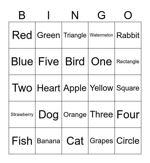 English words Bingo Card
