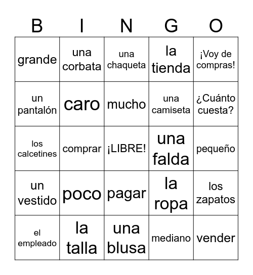 La Ropa Bingo Card