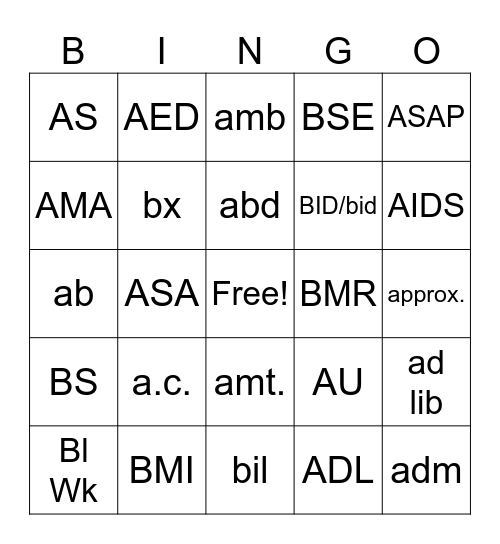 A & B Abbreviation Bingo Card