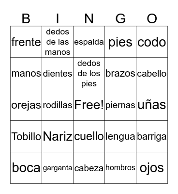 PARTES DEL CUERPO Bingo Card