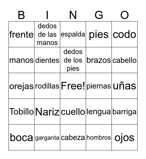 PARTES DEL CUERPO Bingo Card