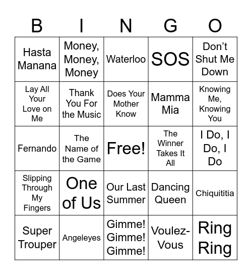ABBA BABY Bingo Card