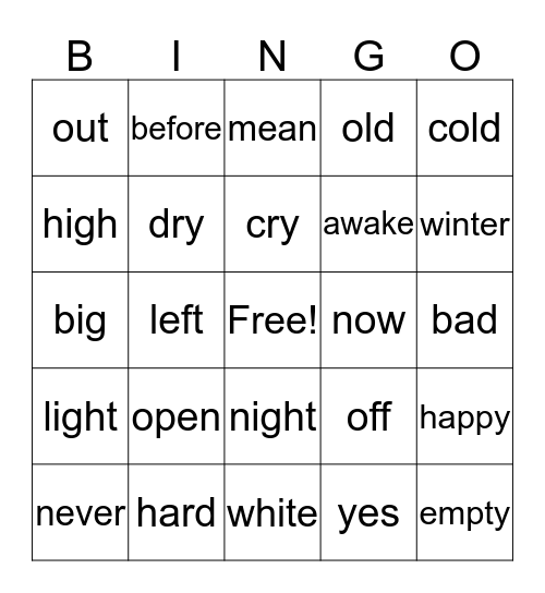 Dr. Seuss ~ Opposites Bingo Card