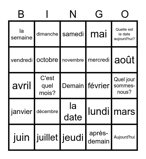 French months & days Bingo Card