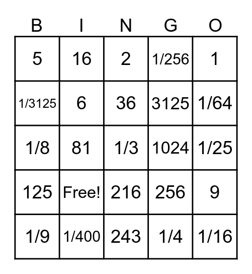 Exponent Bingo Card