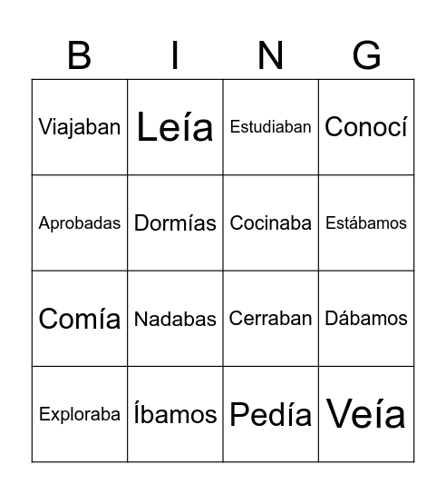 Pretérito imperfecto Bingo Card