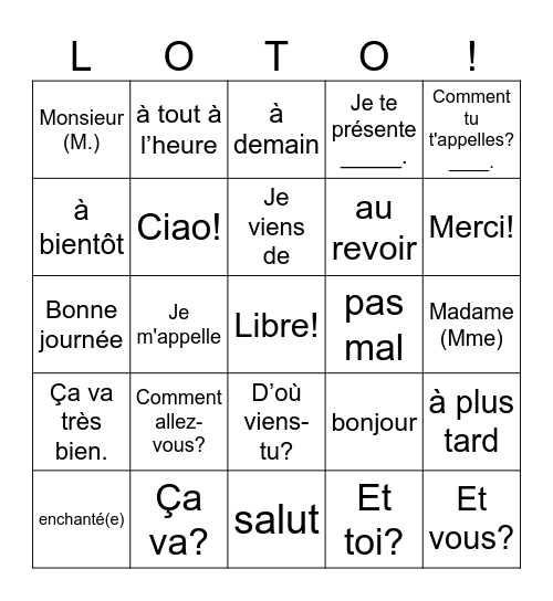 Loto! Leçon 1A Bingo Card