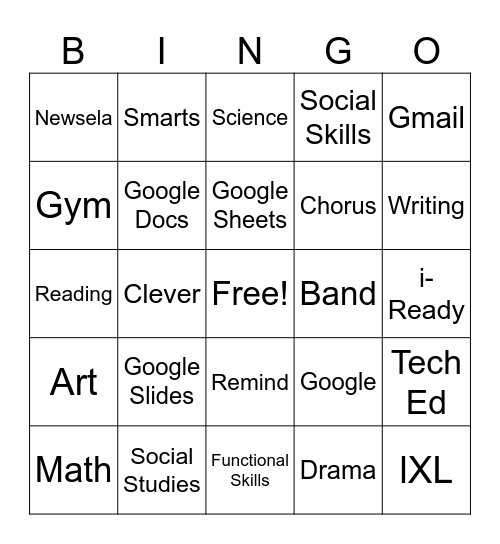 School subject and Class Block and apps Bingo Card