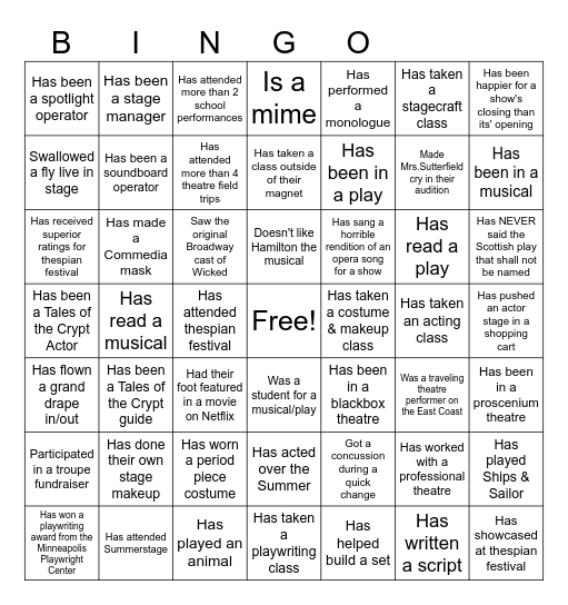 Thespians: Human Bingo Card