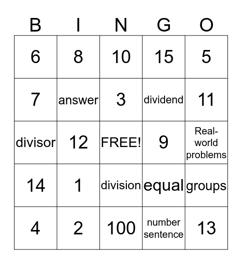 Division Word Problems Bingo Card