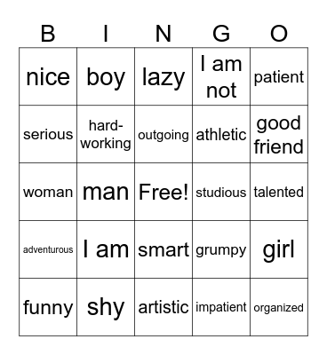 Personality Vocabulary Bingo Card