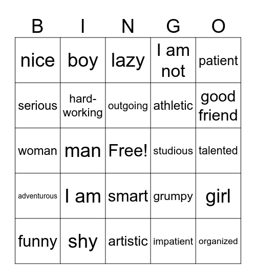 Personality Vocabulary Bingo Card