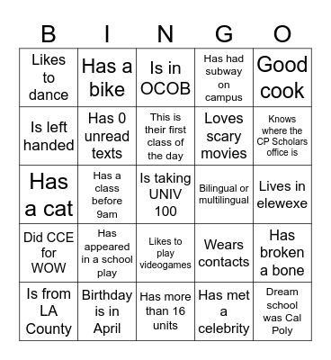 Get to know your UNIV 100 class! Bingo Card