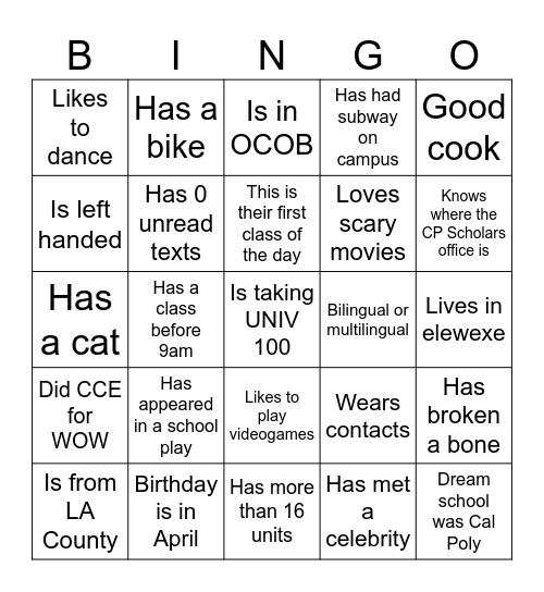 Get to know your UNIV 100 class! Bingo Card