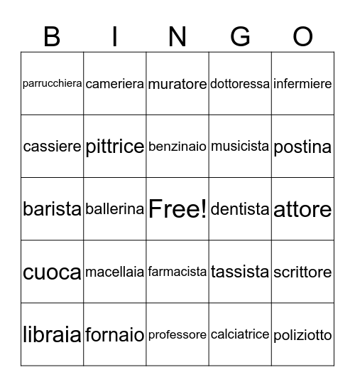 Professions Bingo Card