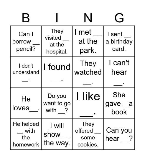 Object pronouns Bingo Card