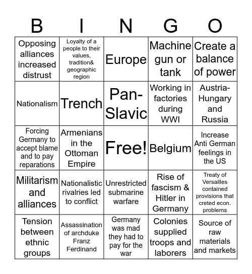 Global 2 WW1 TEST Bingo Card