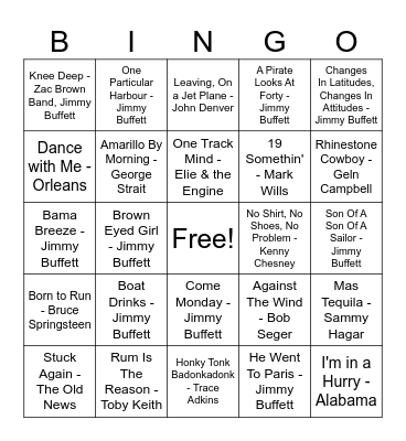 Jimmy Buffet and Friends Bingo Card