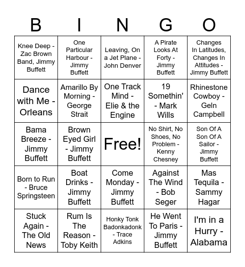 Jimmy Buffet and Friends Bingo Card