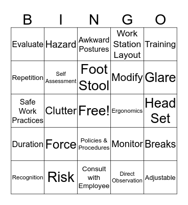 Repetitive Strain Injury Awareness Bingo Card