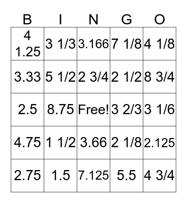 Fractions and Decimals! Bingo Card