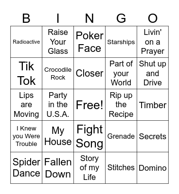 Pop Music Bingo Card