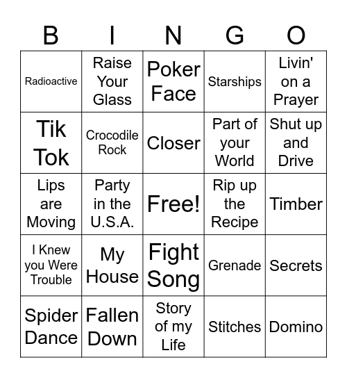 Pop Music Bingo Card