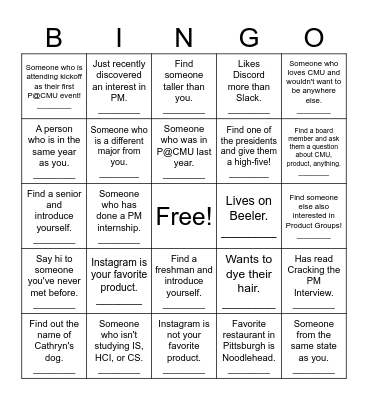 Product@CMU Kickoff Activity Bingo Card