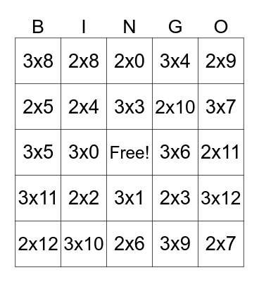 Multiplication by 2's and 3's Bingo Card