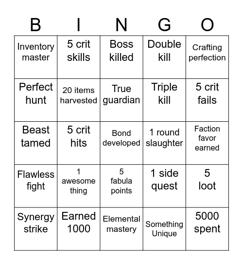 EXP Bingo Card