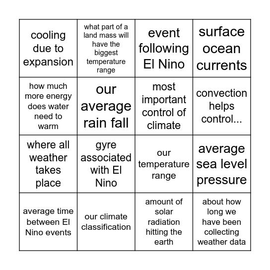 Geography 102 Bingo Card