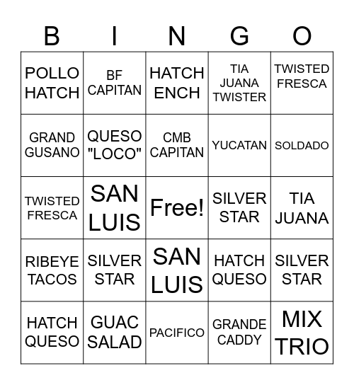 GRINGOS Bingo Card