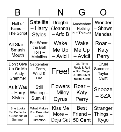 Fall 2023 Music Bingo Card