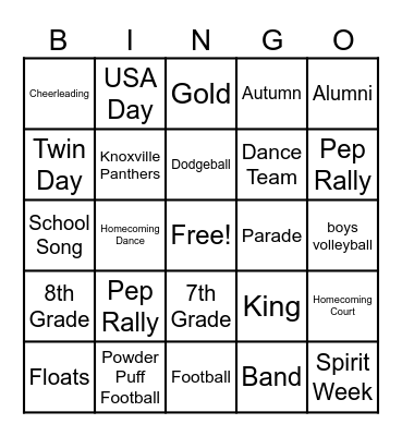 Panther Homecoming Bingo Card