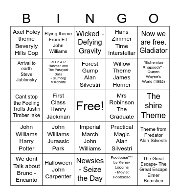Ultimate Movie Music Bingo Card