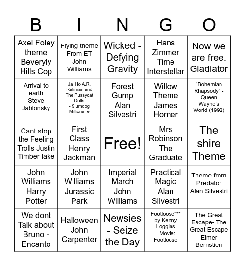 Ultimate Movie Music Bingo Card